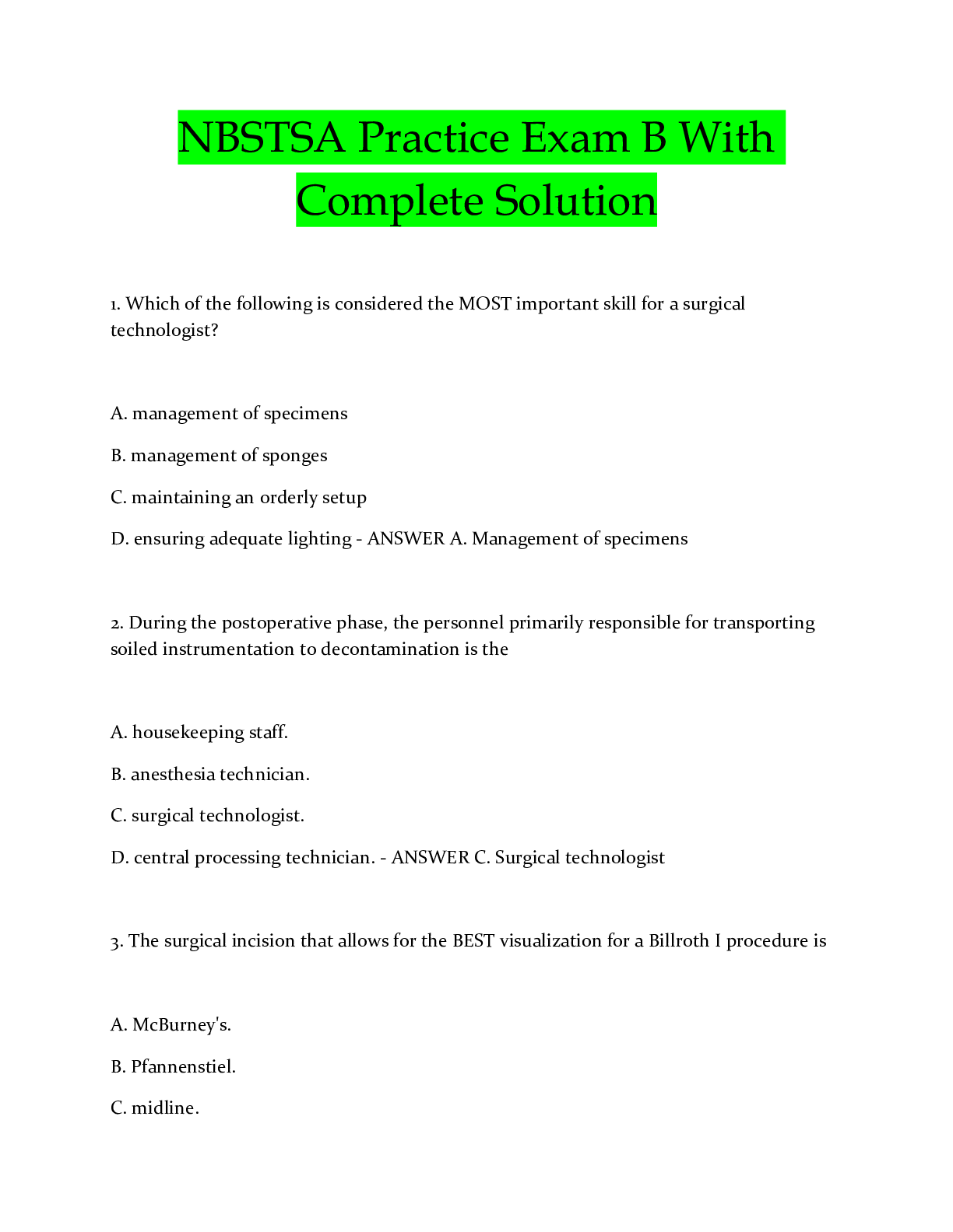 Preview image for NBSTSA Practice Exam B With Complete Solution